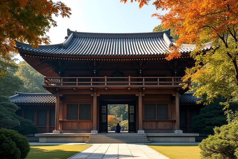Ancient Japanese temple with autumn foliage